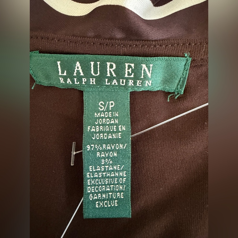 New Lauren Ralph Lauren Top Woman’s S Brown Striped Ruffle 3/4 Sleeve Rayon Bld - Picture 7 of 7